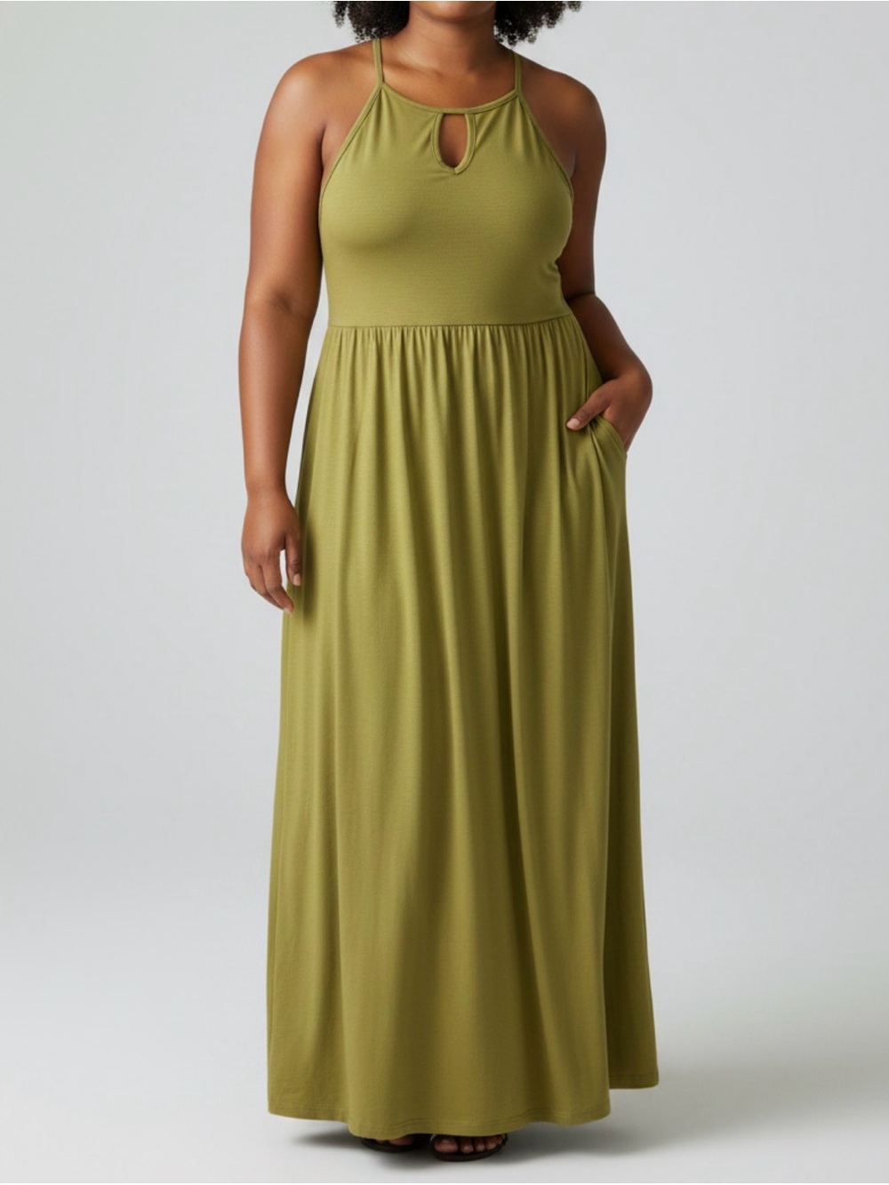 Olive Green Halter-Neck Maxi Dress